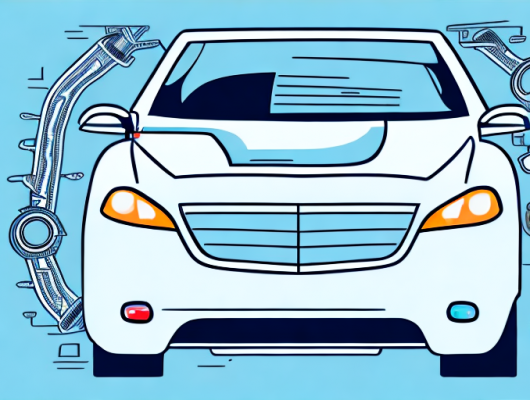 A vehicle registration document next to a car with various vehicle performance indicators like speed