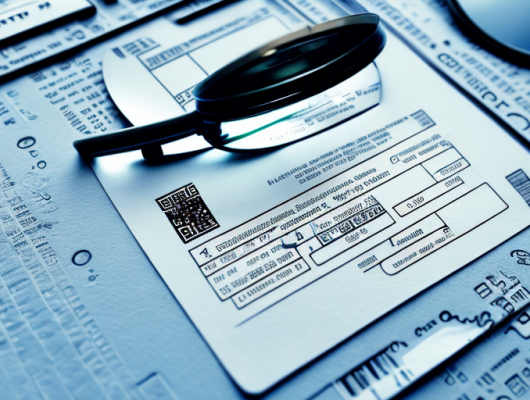 A vehicle registration document magnified under a detective's magnifying glass