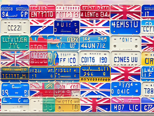 A variety of uk license plates on a scenic backdrop of famous uk landmarks