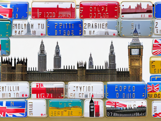 Various types of english car license plates on a background featuring iconic english landmarks such as the big ben and the london bridge
