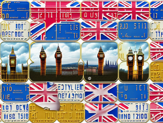 Various types of british license plates on a background featuring famous english landmarks