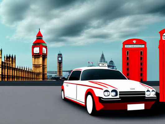 A car with a blank license plate parked in front of a typical english backdrop