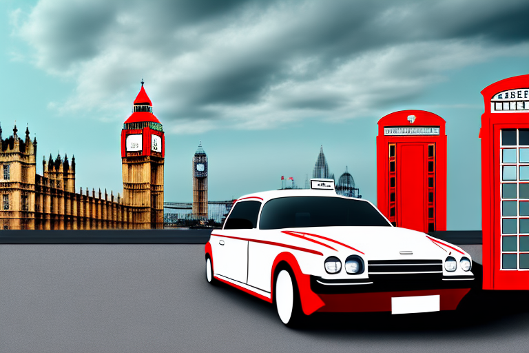 A car with a blank license plate parked in front of a typical english backdrop