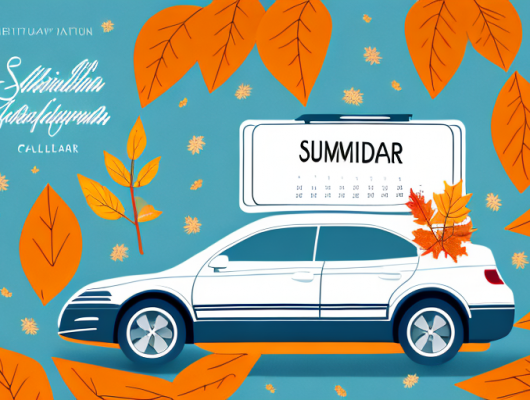 A car with a seasonal license plate parked in a beautiful autumn landscape