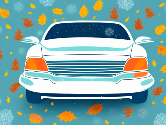 A car with a seasonal license plate against a background that transitions from winter to spring