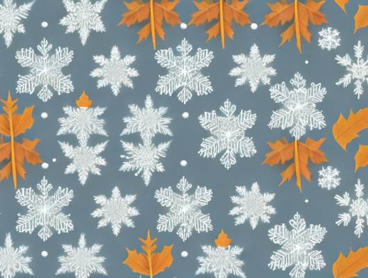 A vintage car with a seasonal license plate surrounded by elements of the four seasons - snowflakes for winter