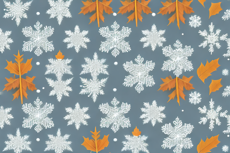 A vintage car with a seasonal license plate surrounded by elements of the four seasons - snowflakes for winter