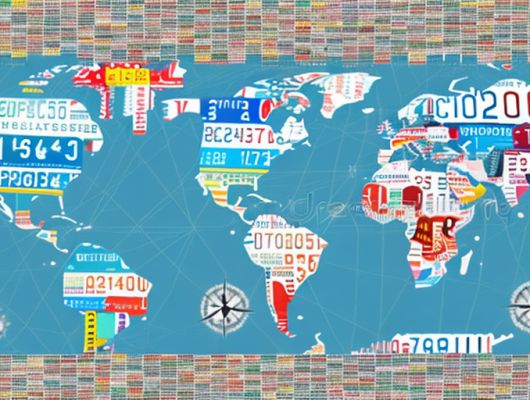 Various international license plates on a world map