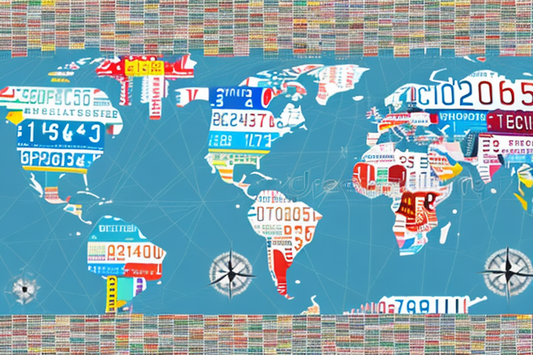 Various international license plates on a world map