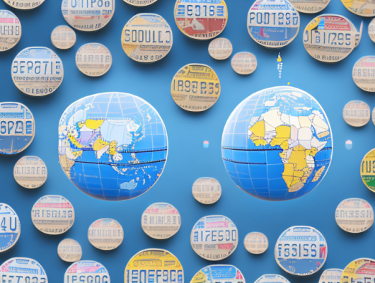 A globe with various international license plates scattered around it