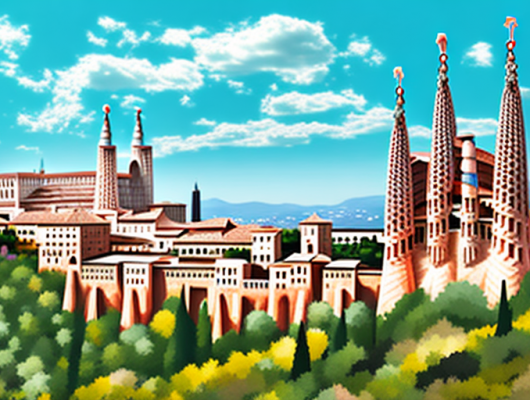 A spanish landscape featuring iconic landmarks like the alhambra and sagrada familia