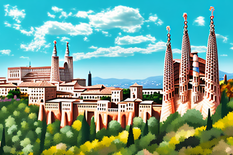 A spanish landscape featuring iconic landmarks like the alhambra and sagrada familia