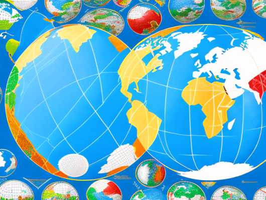 A globe with different countries highlighted and iconic national symbols