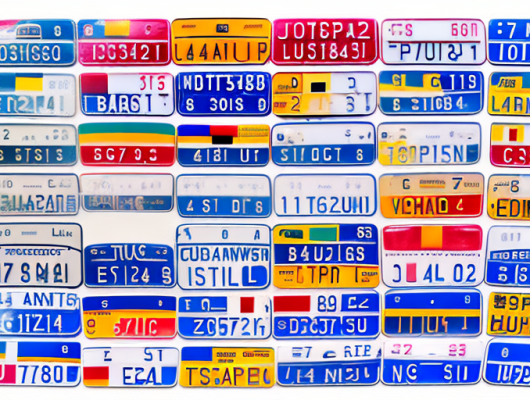 Various unique car license plates from different regions of germany arranged on a map of the country