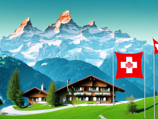A swiss landscape with prominent features such as the swiss alps