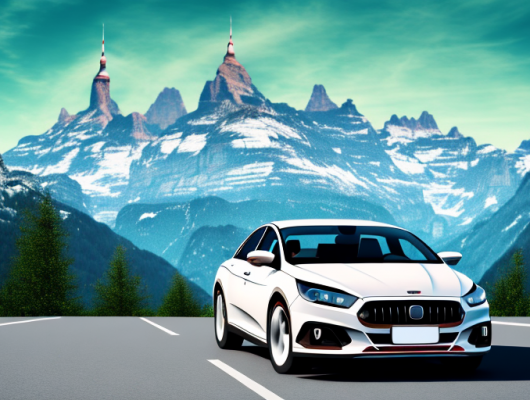 A swiss landscape with mountains in the background and a car in the foreground