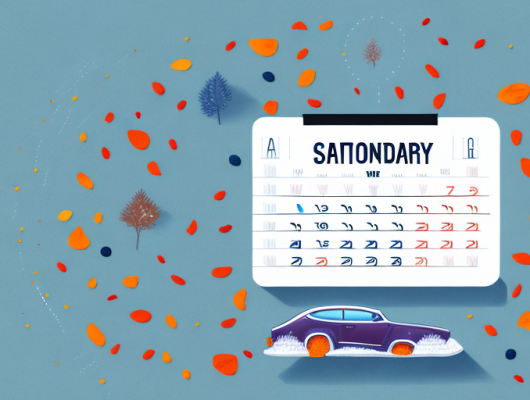 A calendar depicting different seasons and a car with a license plate