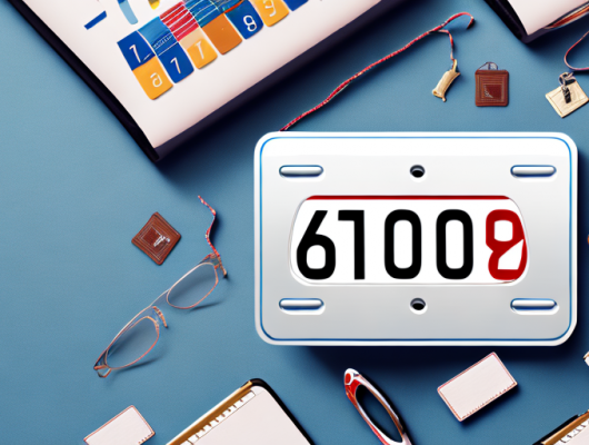 A seasonal license plate on a car with a calendar and a wallet in the background