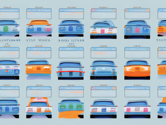 A calendar with different car license plates representing different seasons