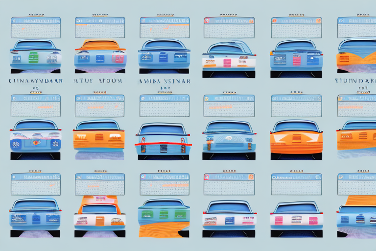 A calendar with different car license plates representing different seasons