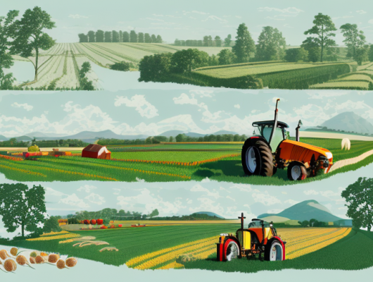 A picturesque rural landscape with various agricultural activities like plowing