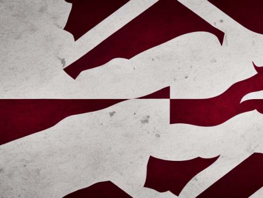 The latvian flag (maroon and white stripes) with an abstract representation of the country's landmarks such as the freedom monument or riga castle