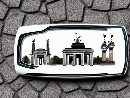 A bulgarian license plate on a car parked in front of recognizable german landmarks