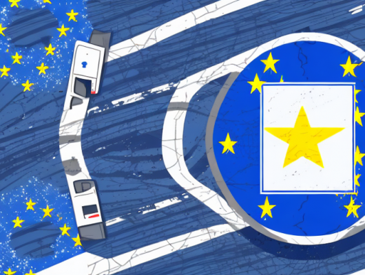 A european union flag and a symbolic driver's license