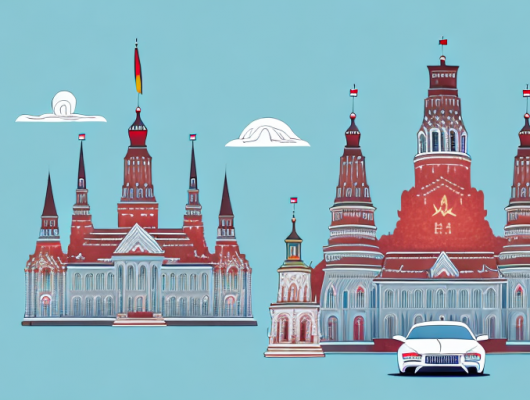 A car with a blank license plate surrounded by various symbols and landmarks of latvia