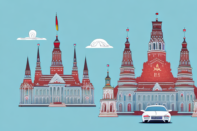 A car with a blank license plate surrounded by various symbols and landmarks of latvia