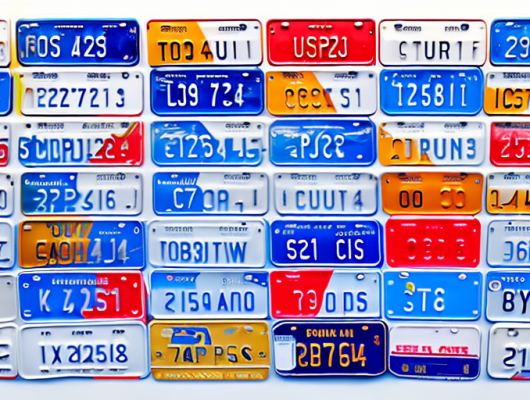 A variety of car license plates from different angles