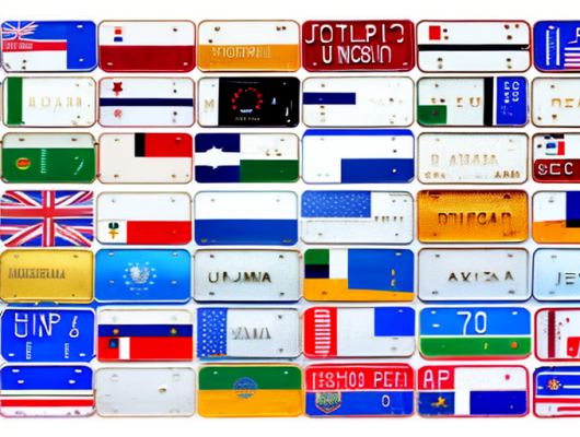 Various diplomatic license plates from different countries on a world map