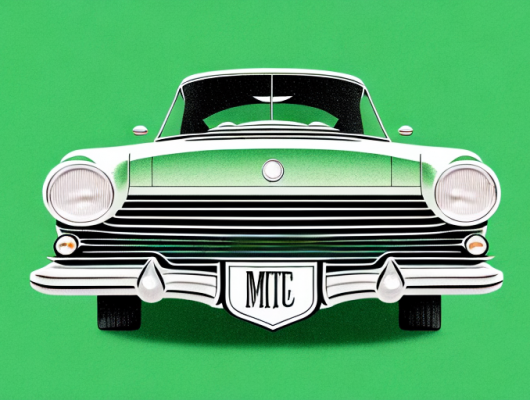 A vintage car with an environmental badge on the windshield