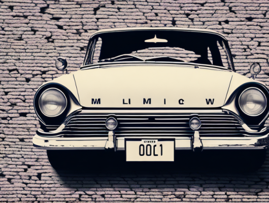 A vintage car with an old-fashioned license plate