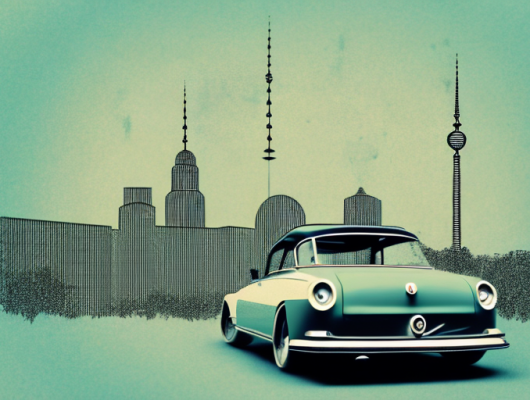 An old vintage car with a large prohibitory sign overlaid on it