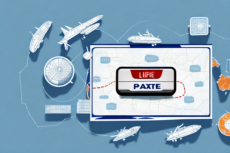 A car with an export license plate on a road map background