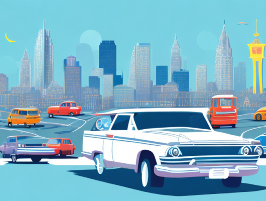 A car with different city license plates attached to it