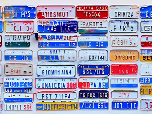 Various types of vehicle license plates from different countries
