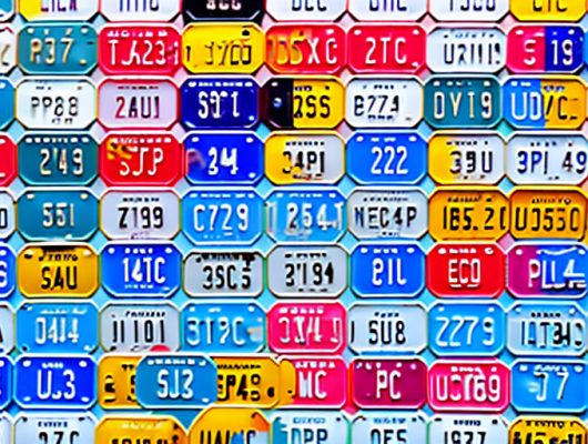 Various car license plates in different colors