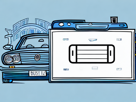 A car with an empty license plate in front of a german cityscape