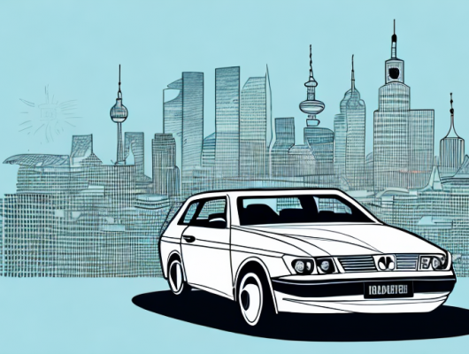 A car with a 5-day license plate parked in front of a german cityscape