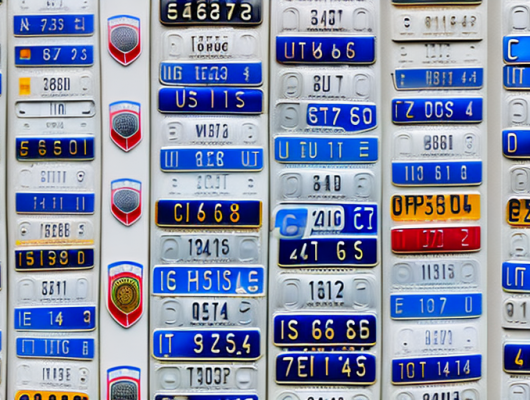 Various sizes of german license plates against a backdrop of typical german scenery
