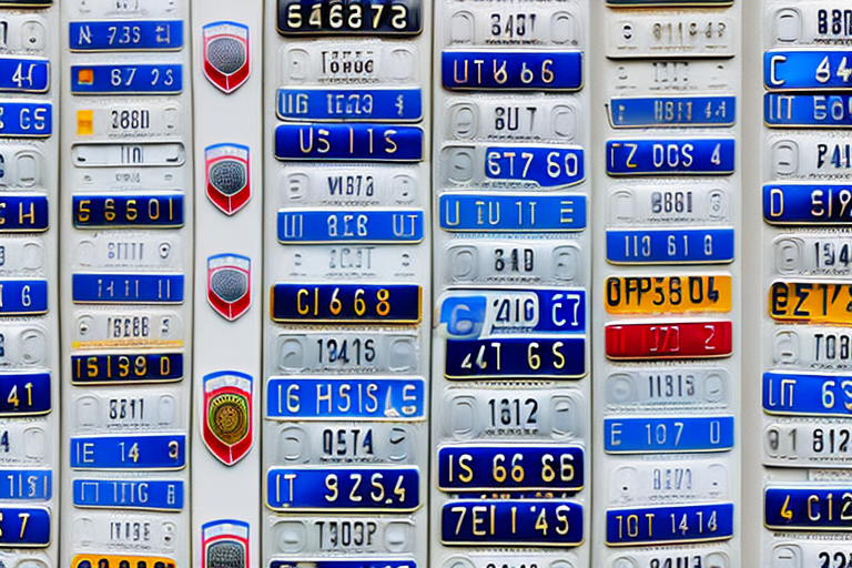 Various sizes of german license plates against a backdrop of typical german scenery