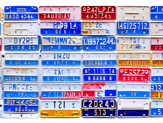 Various automobile license plates of different sizes and shapes