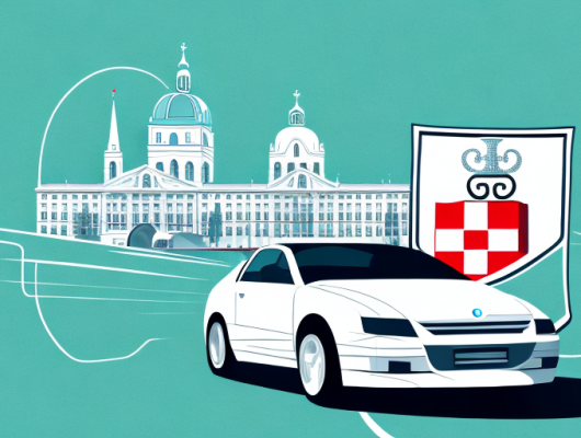 An austrian landscape with a car displaying an sz license plate parked near a government building