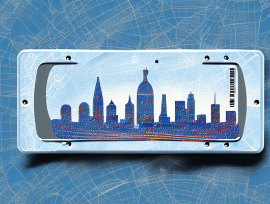 A european car license plate with a blurred background of european landmarks