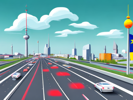 A german highway with various vehicles displaying the eu license plates