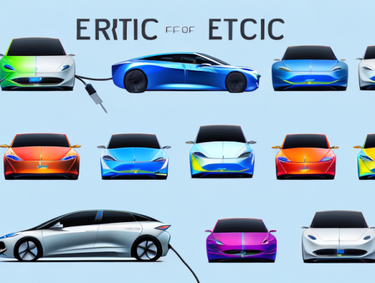A few different types of electric cars with distinct and colorful number plates