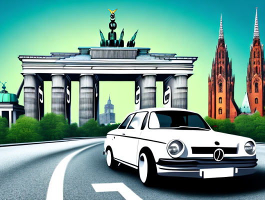 A car with an empty license plate on a road