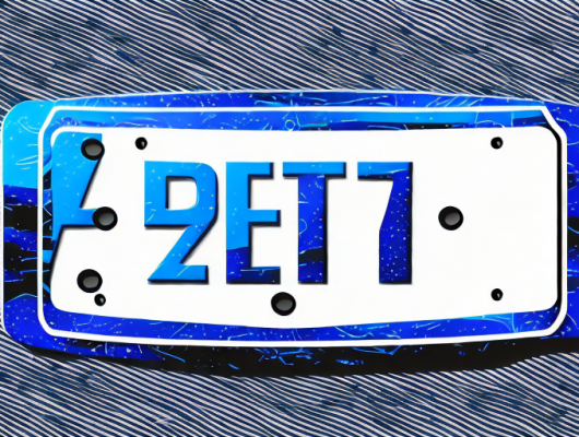 A blue license plate with black numbers and borders